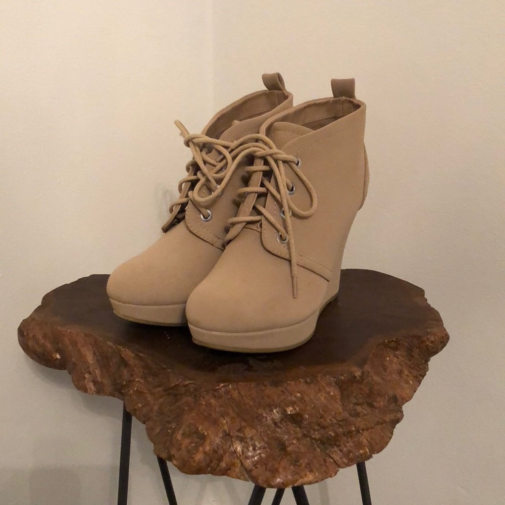 Tan wedge booties